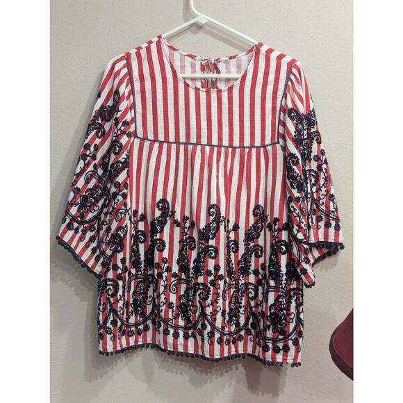 Beautiful red & white cotton striped embroidered peasant blouse - Picture 1 of 6